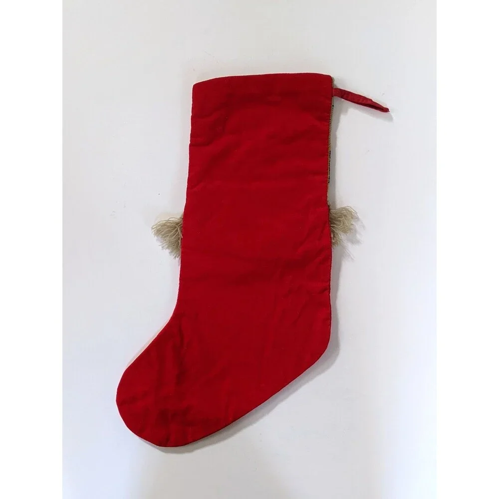 Vintage Needlepoint Santa Stocking Fringe Red Velvet Back Teddy Bear‎ Christmas